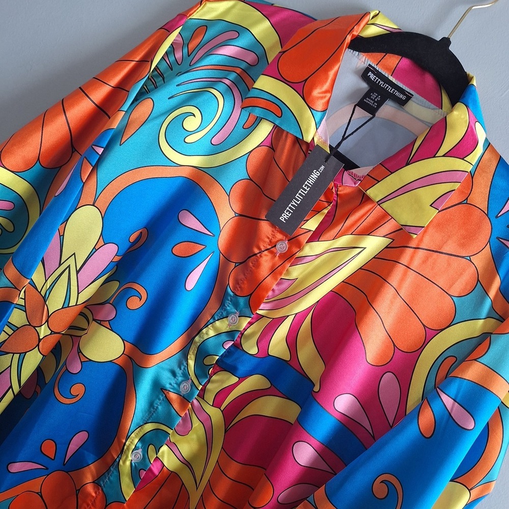 Pretty Little Thing Psychedelic Floral Satin Blouse‎ Womens 0 Retro Hippie Gypsy